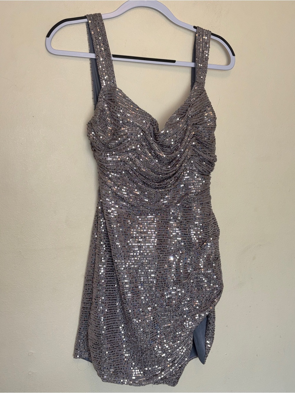 NWT Miss Veil Silver Sequin Mini Dress Wedding Festive Holiday Ruched Glitter
